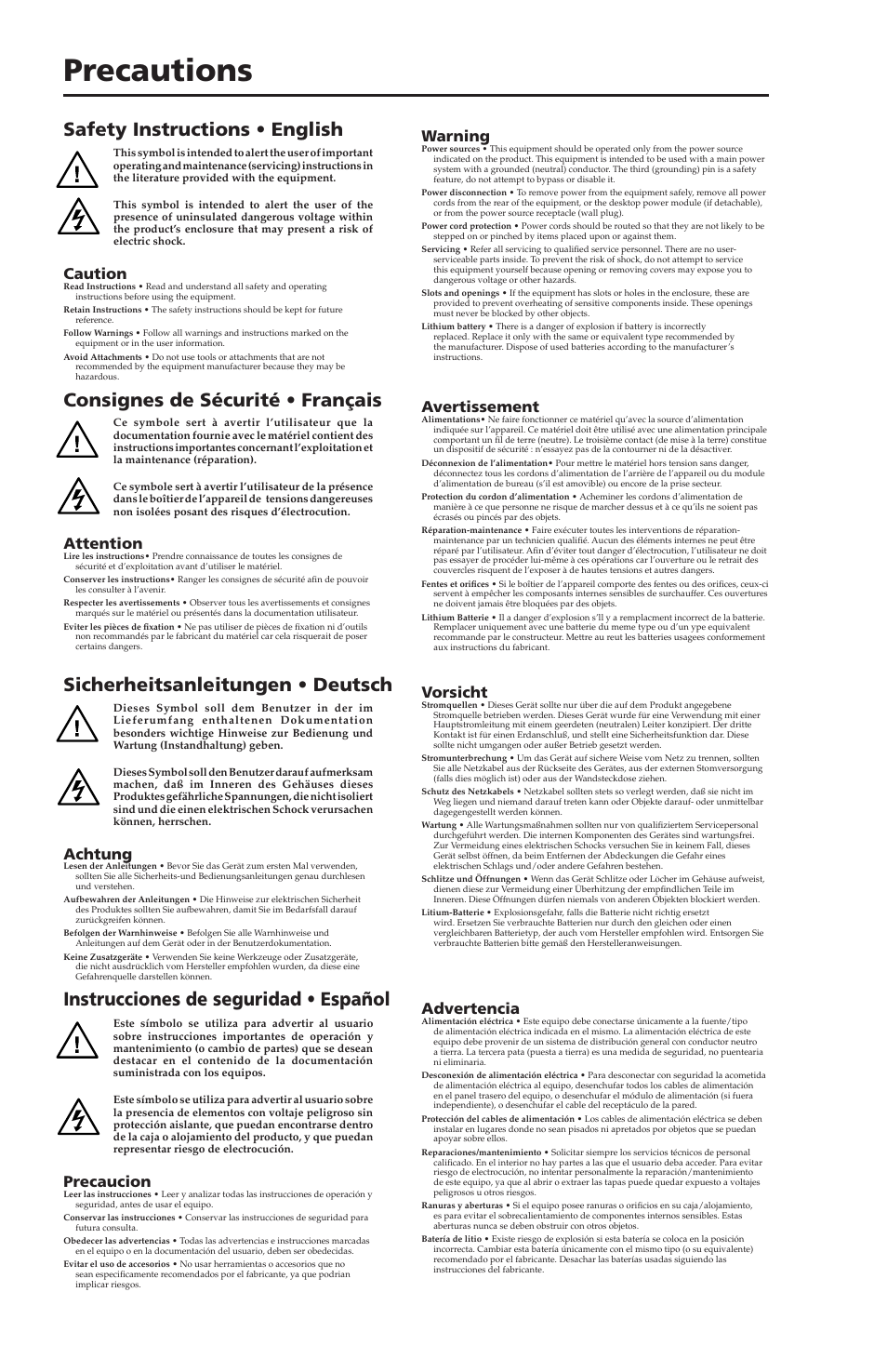 Precautions, Instrucciones de seguridad • español, Caution | Warning, Attention, Avertissement, Achtung, Vorsicht, Precaucion, Advertencia | Extron Electronics P-2 DA6xi User Guide User Manual | Page 2 / 20