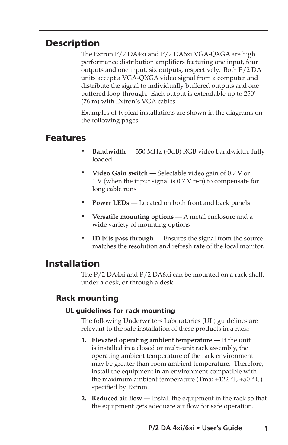 Description, Features, Installation | Rack mounting, Ul guidelines for rack mounting | Extron Electronics P-2 DA6xi User Guide User Manual | Page 5 / 20