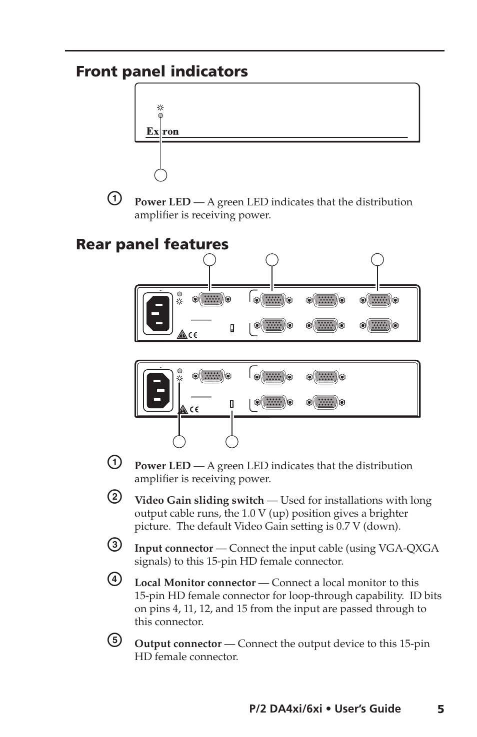 Front panel indicators, Rear panel features, P/2 da4xi/6xi • user’s guide | 5p/2 da4xi/6xi • user’s guide | Extron Electronics P-2 DA6xi User Guide User Manual | Page 9 / 20