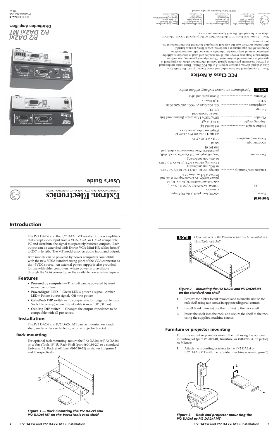 P/2 da2xi p/2 da2xi mt, User’s guide, Introduction | Fcc class a notice | Extron Electronics P-2 DA2xi MT User Guide User Manual | Page 2 / 3