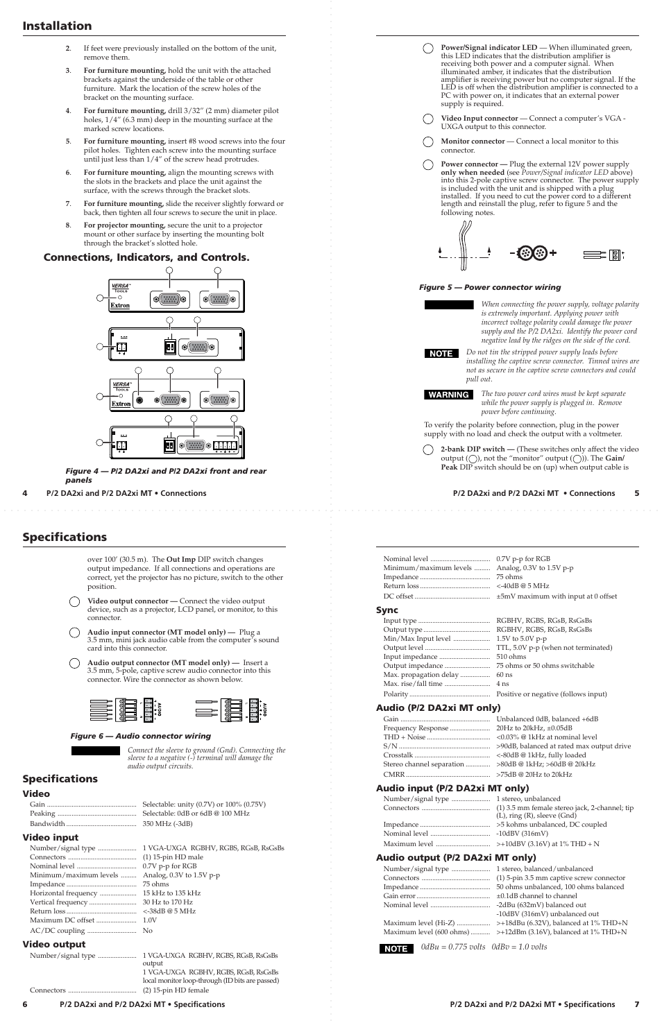 Installation, Specifications, Connections, indicators, and controls | Extron Electronics P-2 DA2xi MT User Guide User Manual | Page 3 / 3