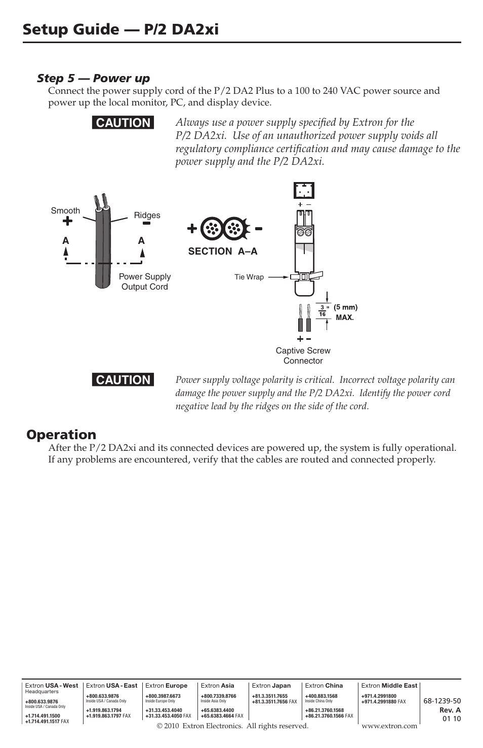 Setup guide — p/2 da2xi, Operation, Step 5 — power up | Extron Electronics P-2 DA2xi Setup Guide User Manual | Page 2 / 2