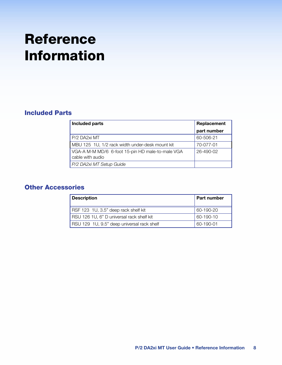 Reference information, Included parts, Other accessories | Included parts other accessories | Extron Electronics P-2 DA2xi MT User Guide Rev. G User Manual | Page 13 / 14