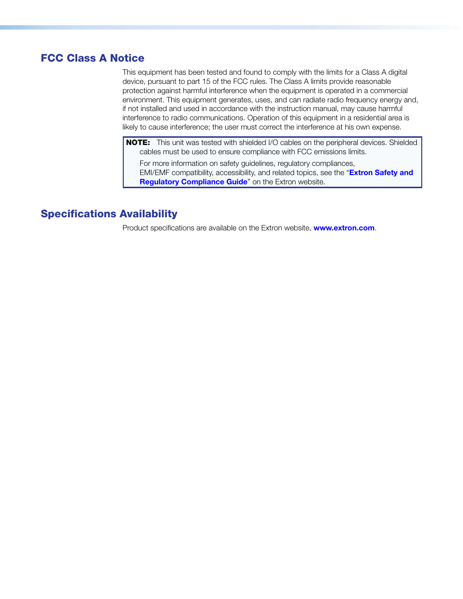 Fcc class a notice, Specifications availability | Extron Electronics P-2 DA2xi MT User Guide Rev. G User Manual | Page 3 / 14
