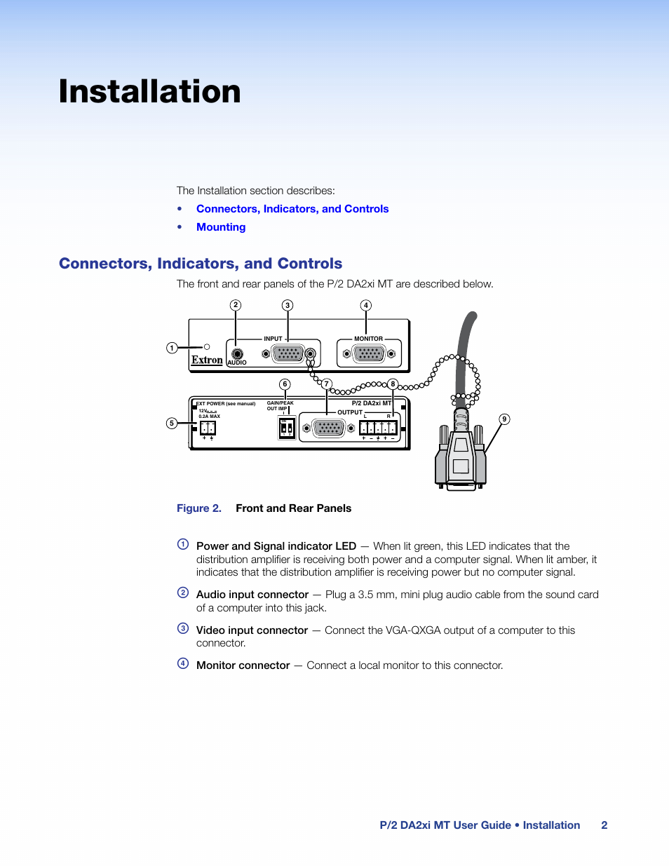 Installation, Connectors, indicators, and controls | Extron Electronics P-2 DA2xi MT User Guide Rev. G User Manual | Page 7 / 14