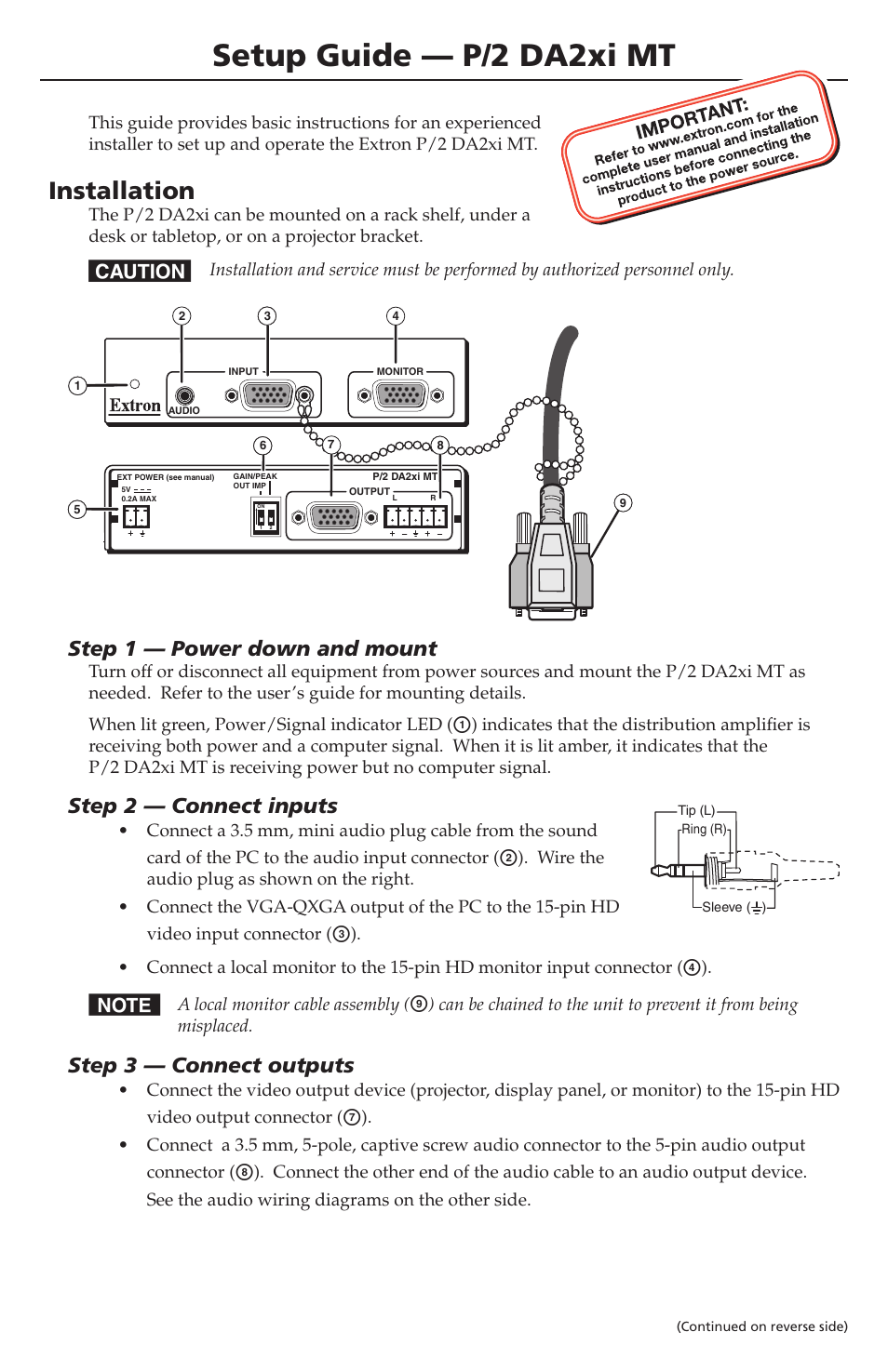 Extron Electronics P-2 DA2xi MT Setup Guide User Manual | 2 pages