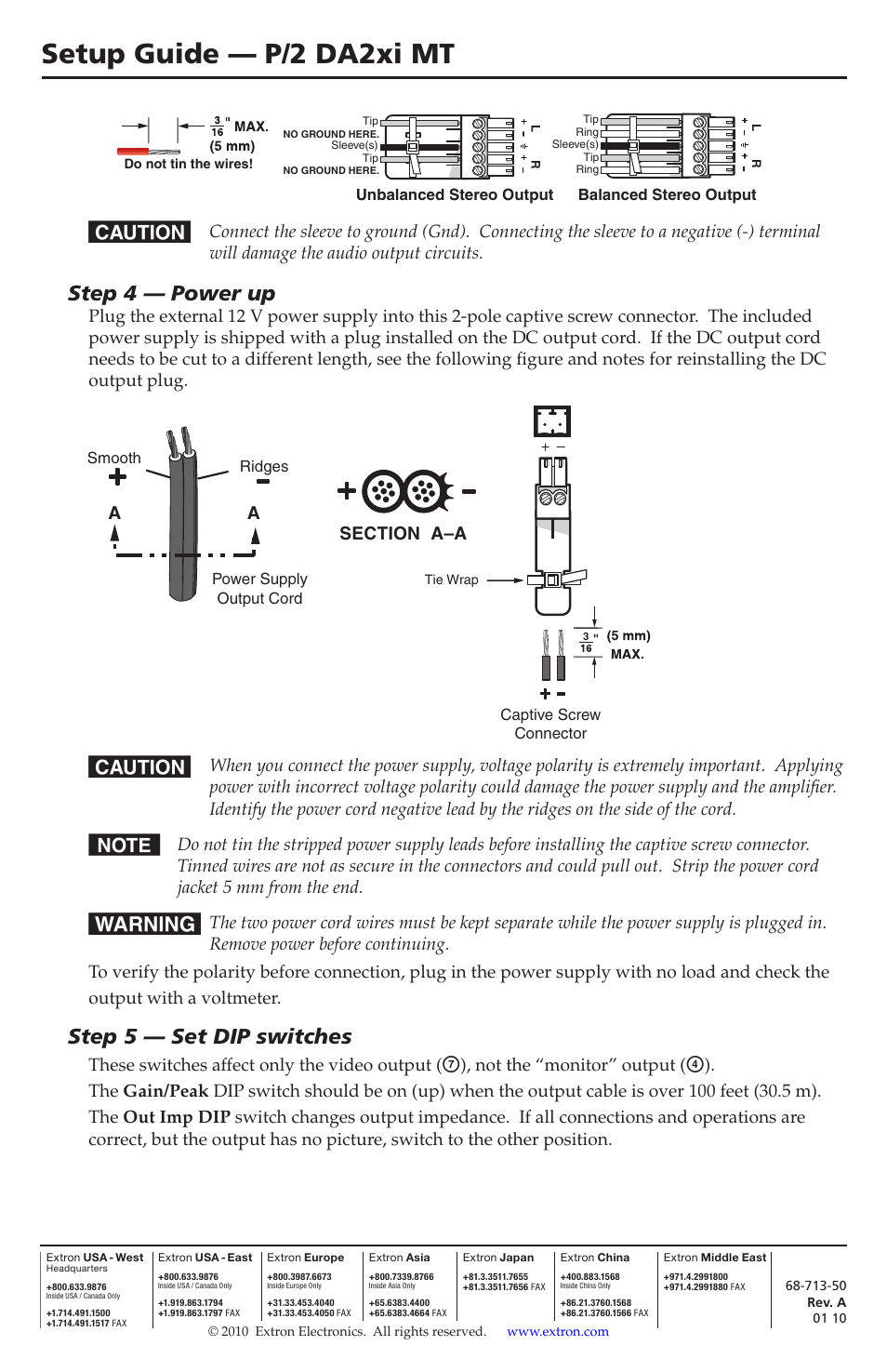 Setup guide — p/2 da2xi mt, Step 4 — power up, Step 5 — set dip switches | These switches affect only the video output, Not the “monitor” output | Extron Electronics P-2 DA2xi MT Setup Guide User Manual | Page 2 / 2