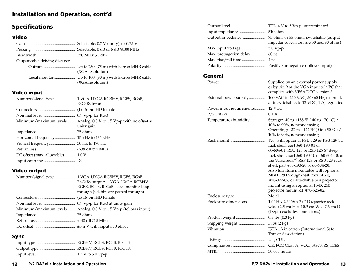 Installation and operation, cont’d, Specifi cations | Extron Electronics P-2 DA2xi User Guide Rev. A User Manual | Page 10 / 11