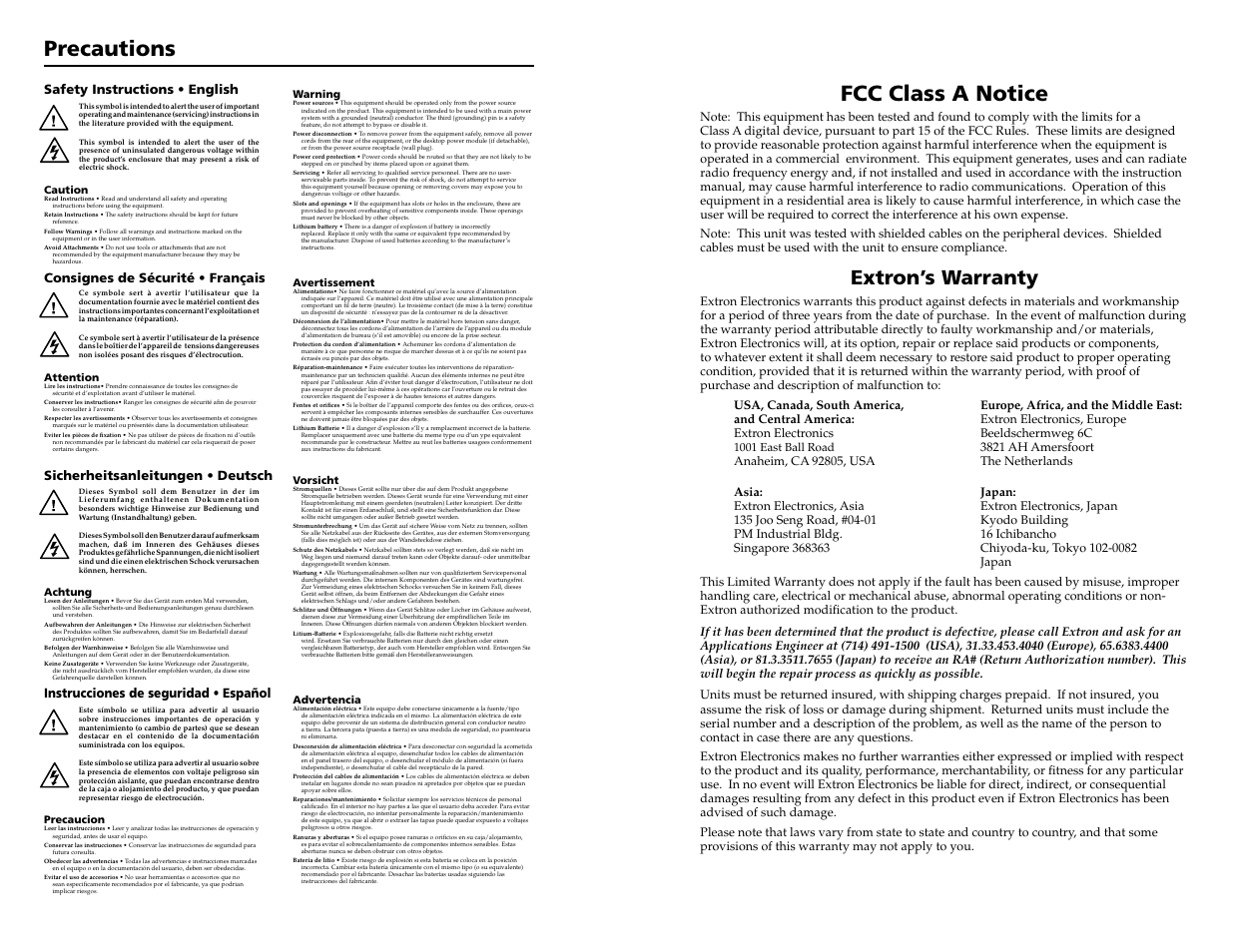 Precautions, Fcc class a notice, Extron’s warranty | Instrucciones de seguridad • español | Extron Electronics P-2 DA2xi User Guide Rev. A User Manual | Page 2 / 11