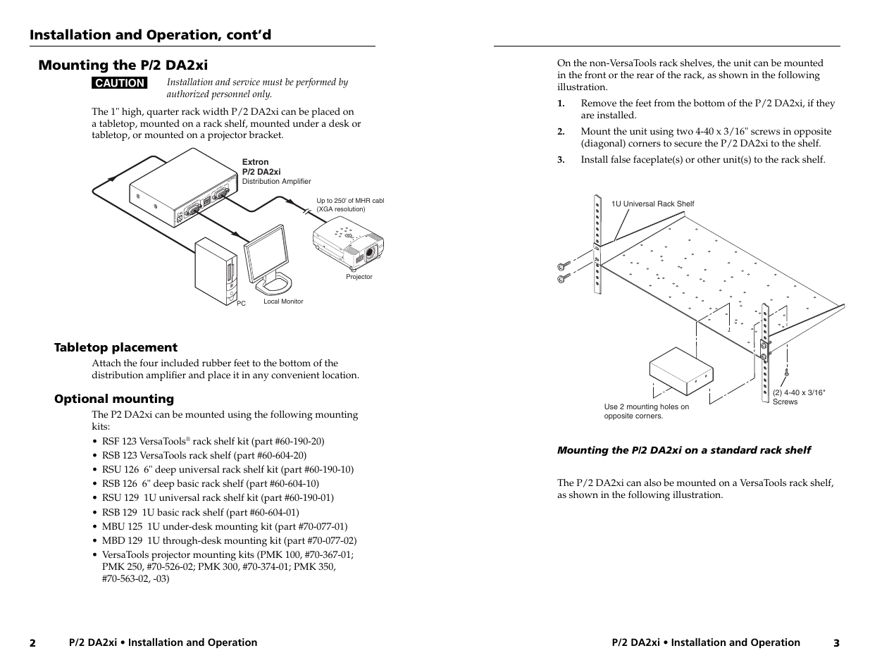 Installation and operation, cont’d, Mounting the p/2 da2xi, Lo ca l m on ito r | Extron Electronics P-2 DA2xi User Guide Rev. A User Manual | Page 5 / 11