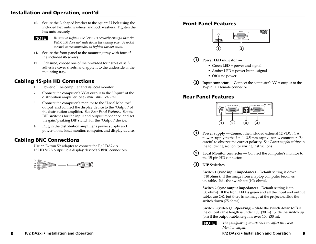 Installation and operation, cont’d, Cabling 15-pin hd connections, Cabling bnc connections | Front panel features, Rear panel features | Extron Electronics P-2 DA2xi User Guide Rev. A User Manual | Page 8 / 11