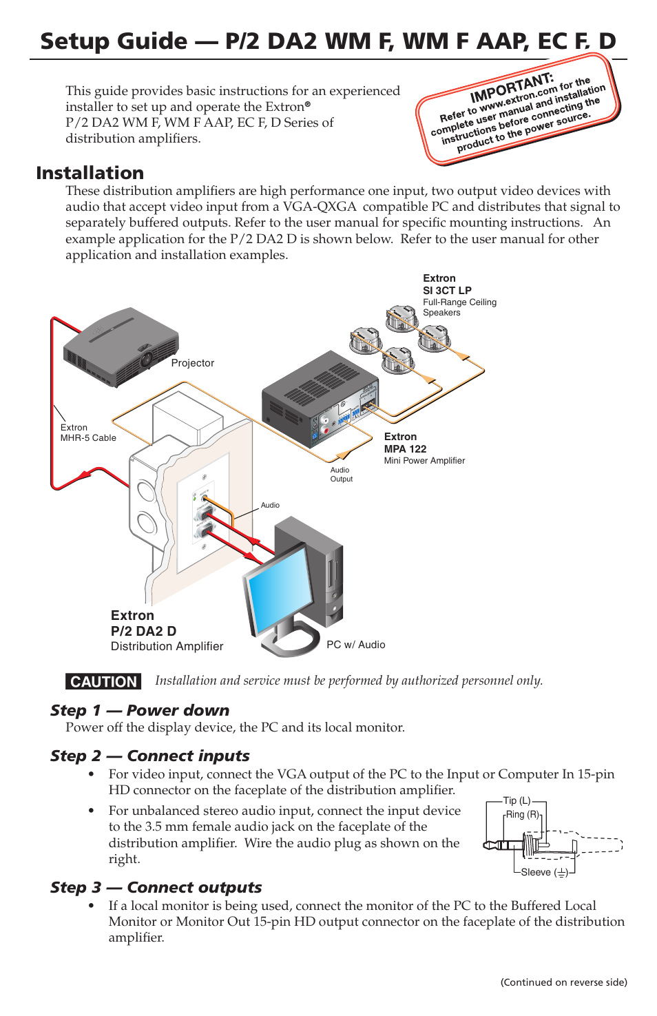 Extron Electronics P-2 DA2 WM F, WM F AAP, EC F, D Setup Guide User Manual | 2 pages