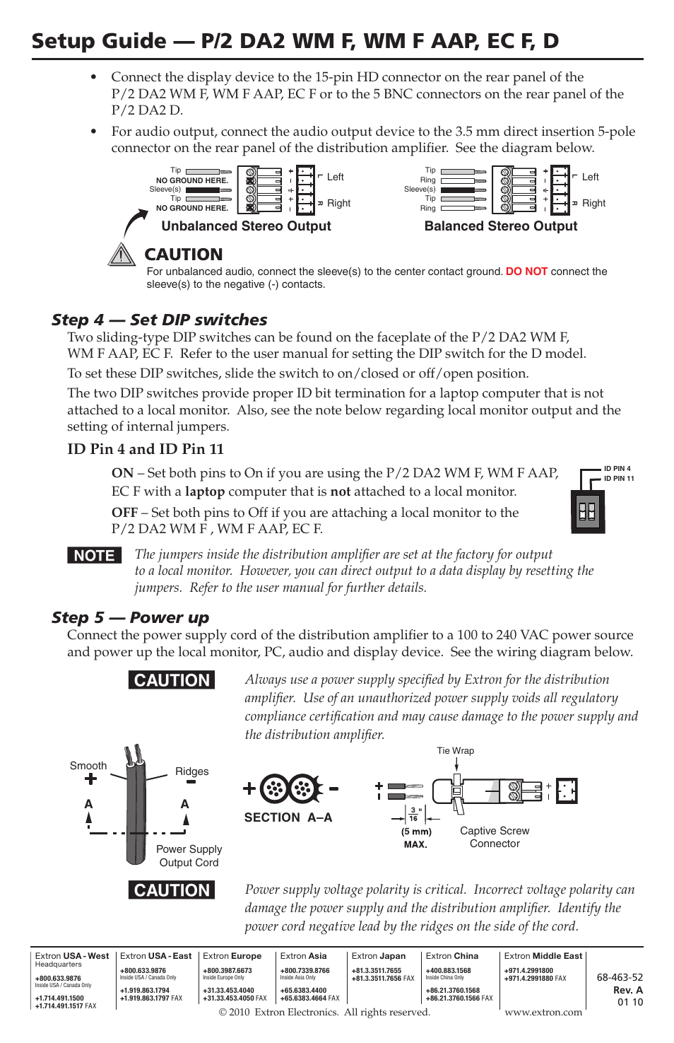 Setup guide — p/2 da2 wm f, wm f aap, ec f, d, Caution, Step 4 — set dip switches | Step 5 — power up, Id pin 4 and id pin 11, Balanced stereo output | Extron Electronics P-2 DA2 WM F, WM F AAP, EC F, D Setup Guide User Manual | Page 2 / 2