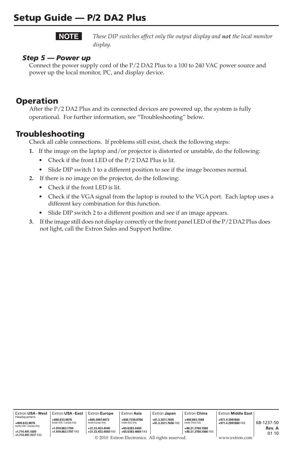 Setup guide — p/2 da2 plus, Operation, Troubleshooting | Step 5 — power up | Extron Electronics P-2 DA2 Plus Setup Guide User Manual | Page 2 / 2