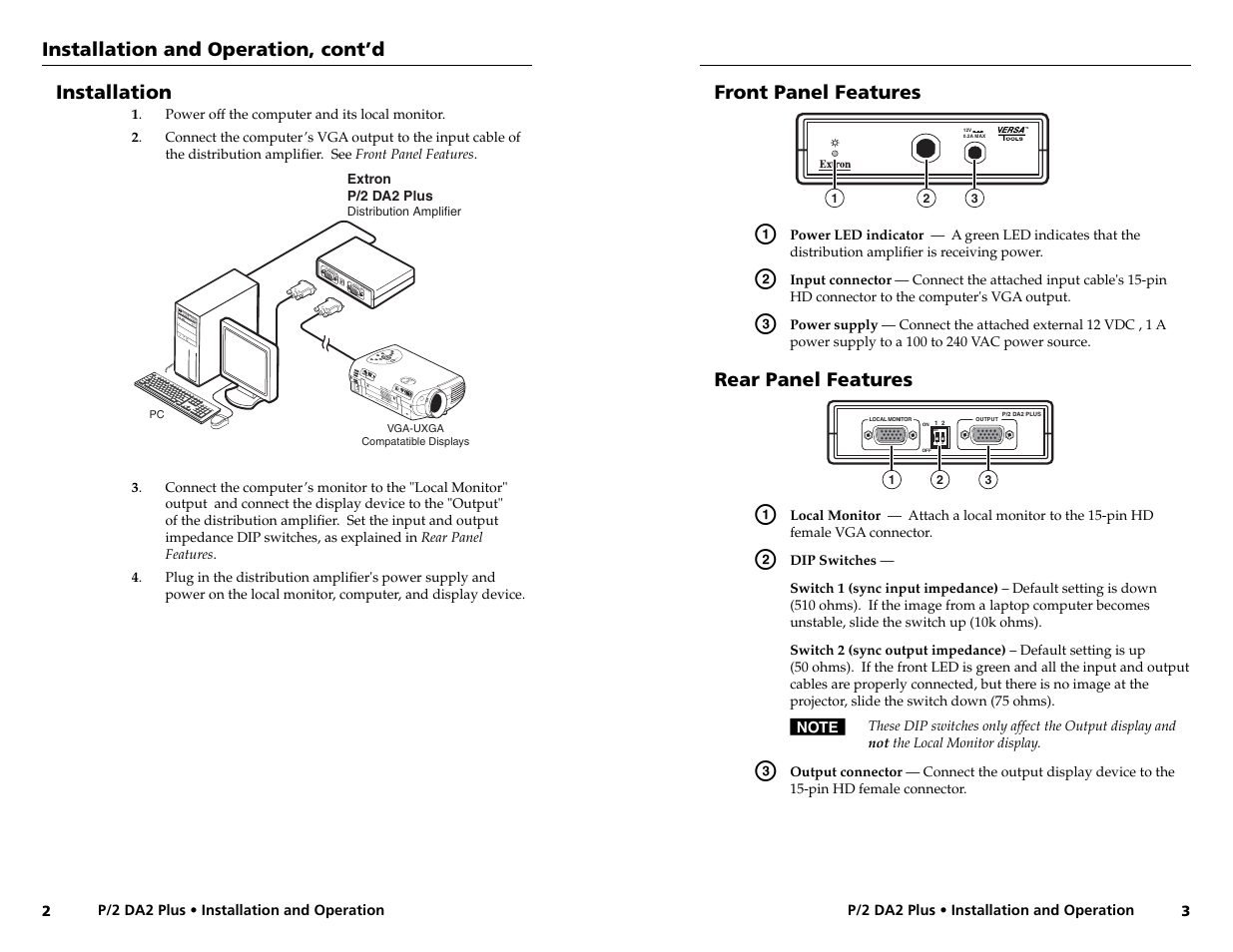 Installation and operation, cont’d, Installation, Front panel features | Rear panel features | Extron Electronics P-2 DA2 Plus User Guide User Manual | Page 4 / 7