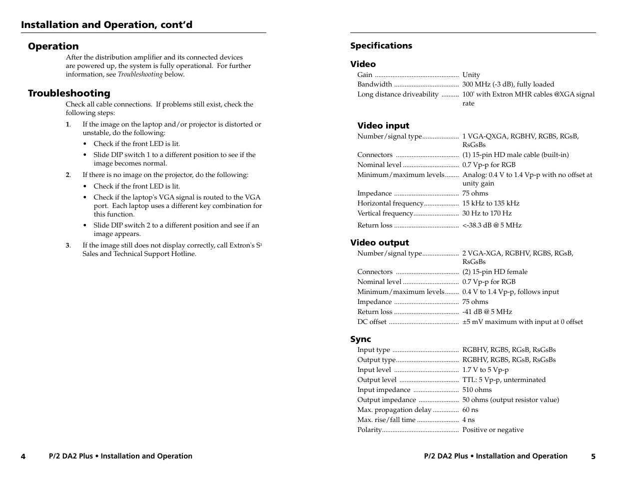 Installation and operation, cont’d, Operation, Troubleshooting | Extron Electronics P-2 DA2 Plus User Guide User Manual | Page 5 / 7