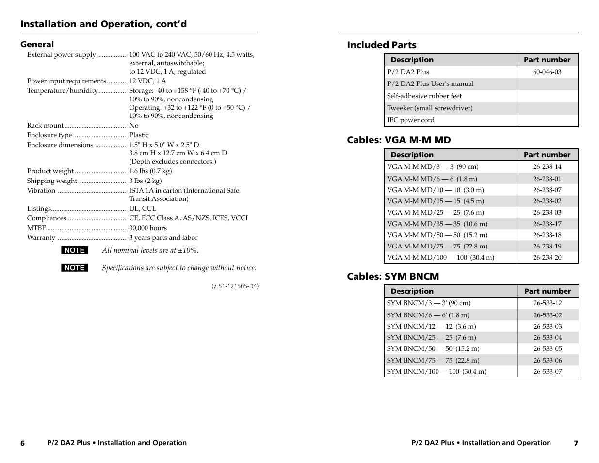 Installation and operation, cont’d, Included parts, Cables: vga m-m md | Cables: sym bncm | Extron Electronics P-2 DA2 Plus User Guide User Manual | Page 6 / 7