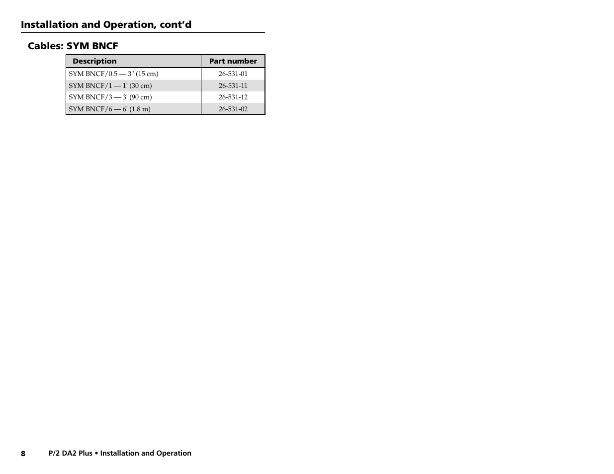 Installation and operation, cont’d, Cables: sym bncf | Extron Electronics P-2 DA2 Plus User Guide User Manual | Page 7 / 7