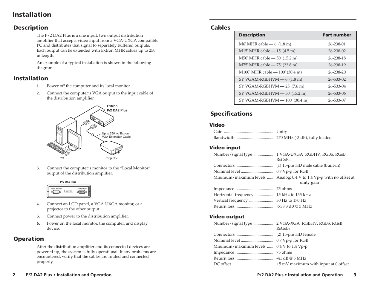 Installation, Specifications, Description | Operation, Cables | Extron Electronics P-2 DA2 Plus User Guide Rev. D User Manual | Page 2 / 2