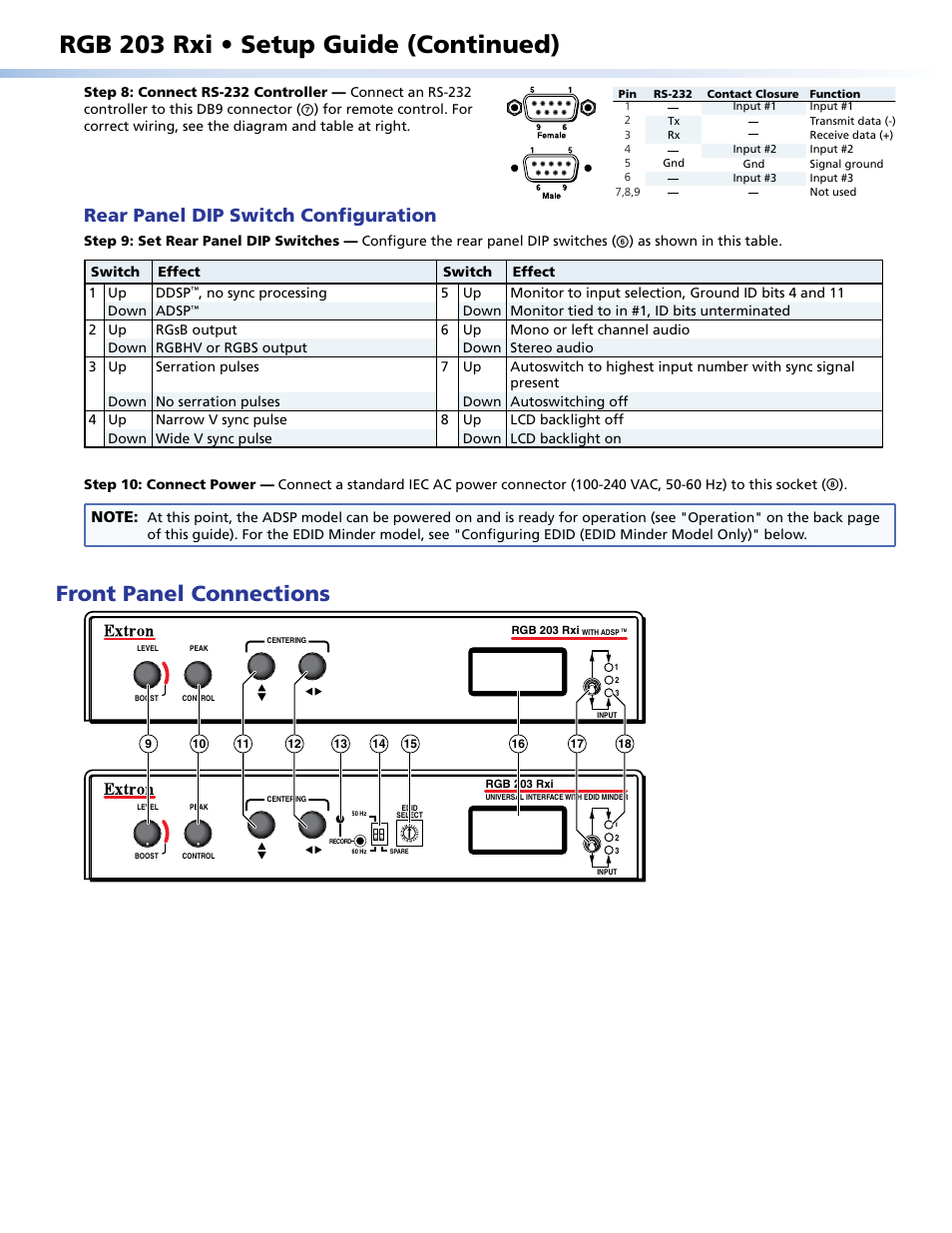 Rear panel dip switch configuration, Front panel connections, Rgb 203 rxi • setup guide (continued) | Extron Electronics RGB 203 Rxi Setup Guide User Manual | Page 2 / 4