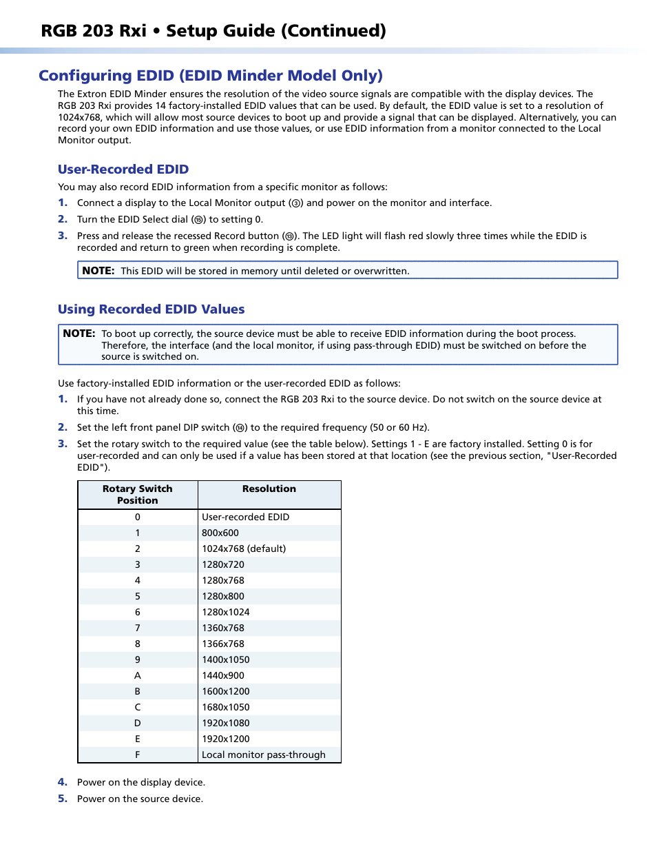 Configuring edid (edid minder model only), User-recorded edid, Using recorded edid values | Rgb 203 rxi • setup guide (continued) | Extron Electronics RGB 203 Rxi Setup Guide User Manual | Page 3 / 4
