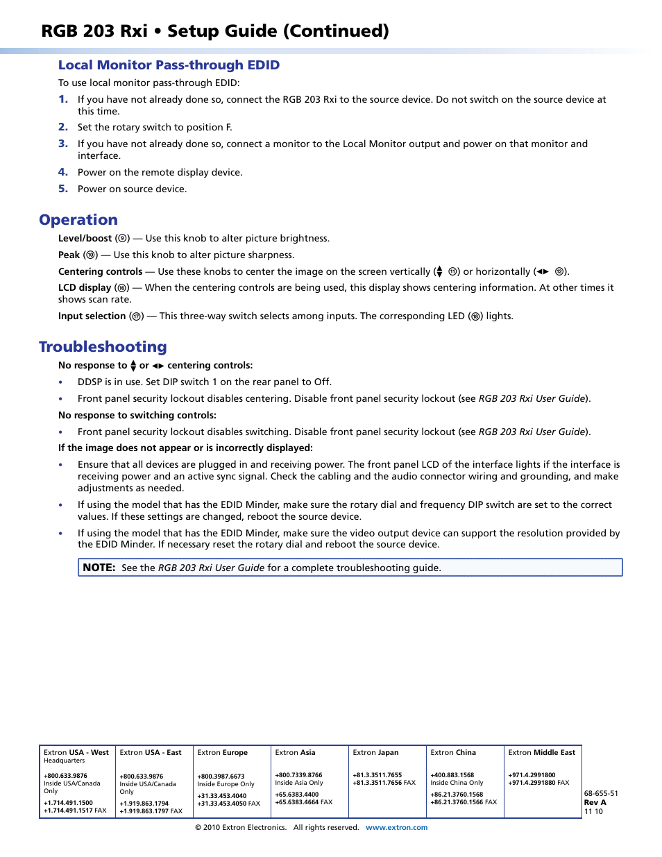 Local monitor pass-through edid, Operation, Troubleshooting | Extron contact information, Rgb 203 rxi • setup guide (continued) | Extron Electronics RGB 203 Rxi Setup Guide User Manual | Page 4 / 4