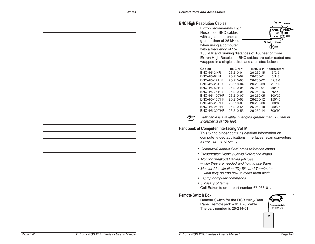 Bnc high resolution cables, Handbook of computer interfacing vol iv, Remote switch box | Extron Electronics RGB 202xi User Guide Rev. E User Manual | Page 12 / 24