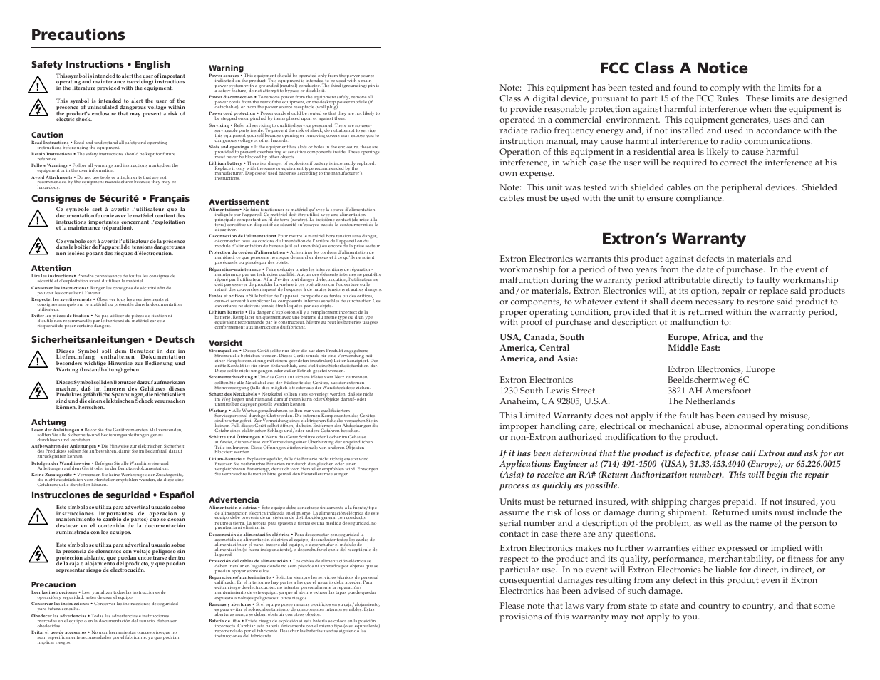 Precautions, Fcc class a notice, Extron’s warranty | Instrucciones de seguridad • español | Extron Electronics RGB 202xi User Guide Rev. E User Manual | Page 2 / 24