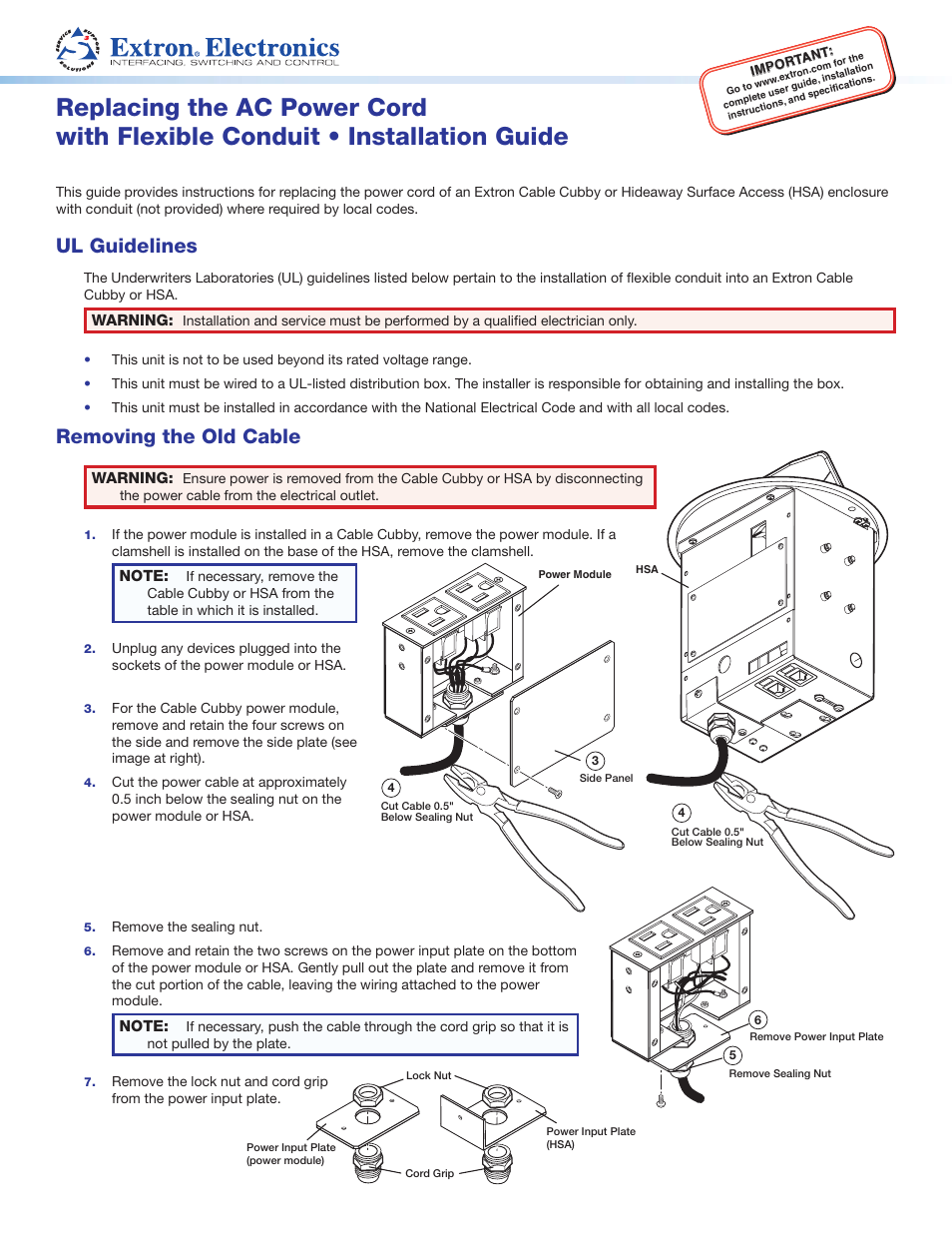 Extron Electronics Replacing the AC Power Cord with Flexible Conduit User Manual | 2 pages