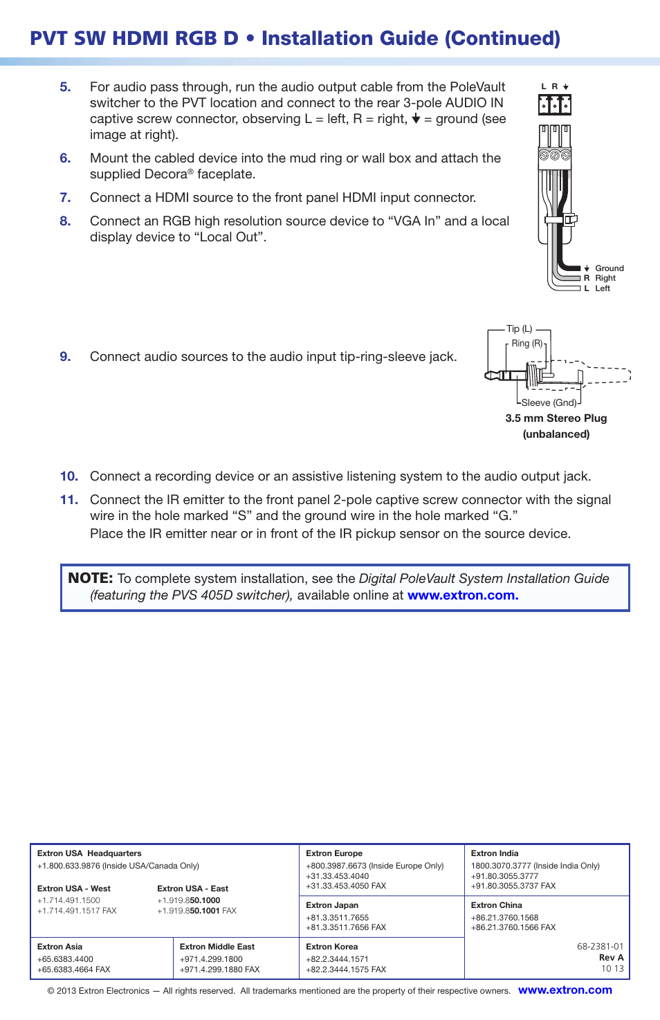 Pvt sw hdmi rgb d • installation guide (continued) | Extron Electronics PVT SW HDMI RGB D Setup Guide User Manual | Page 2 / 2