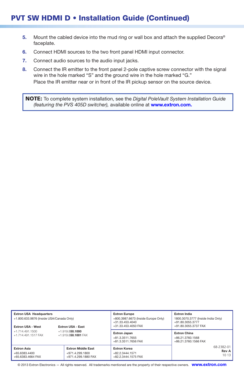 Pvt sw hdmi d • installation guide (continued) | Extron Electronics PVT SW HDMI D Setup Guide User Manual | Page 2 / 2