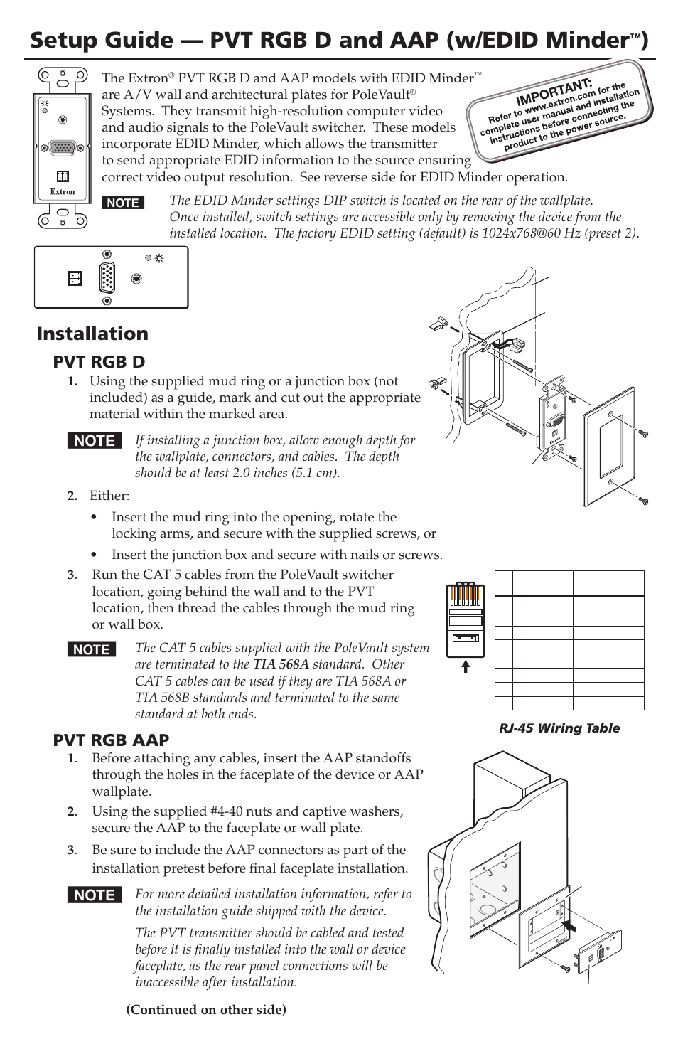 Extron Electronics PVT RGB D and AAP (w_EDID Minder) Setup Guide User Manual | 2 pages