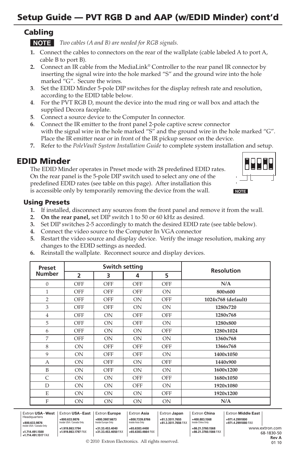 Edid minder, Cabling, Using presets | Extron Electronics PVT RGB D and AAP (w_EDID Minder) Setup Guide User Manual | Page 2 / 2