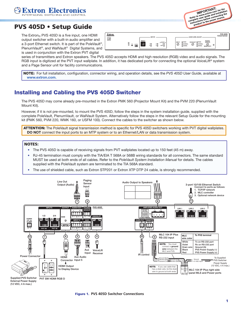 Extron Electronics PVS 405D Setup Guide User Manual | 4 pages