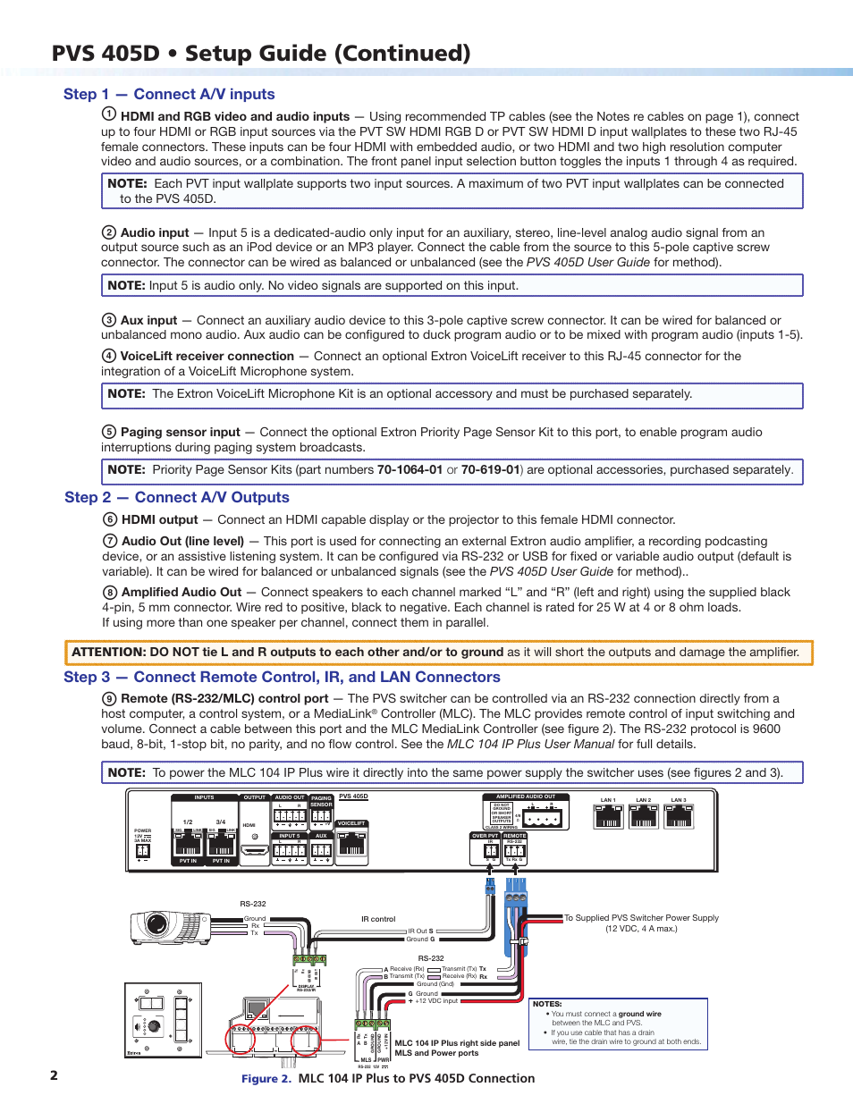 Pvs 405d • setup guide (continued), Step 1 — connect a/v inputs, Step 2 — connect a/v outputs | Config, Remote (rs-232/mlc) control port, Figure 2 | Extron Electronics PVS 405D Setup Guide User Manual | Page 2 / 4