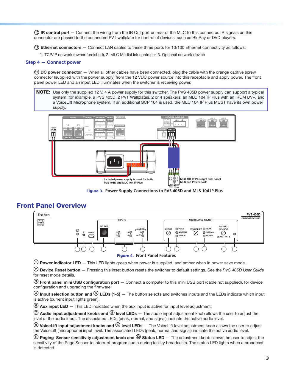 Front panel overview, Step 4 — connect power, Ir control port | Input selection button and, Audio input adjustment knobs and, Voicelift input adjustment knobs and, Paging sensor sensitivity adjustment knob and, Front panel features | Extron Electronics PVS 405D Setup Guide User Manual | Page 3 / 4