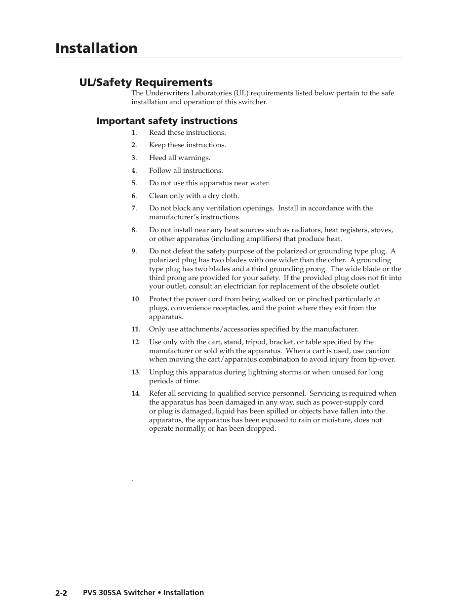 Ul/safety requirements, Important safety instructions, Important safety instructions -2 | Preliminar y, Installation | Extron Electronics PVS 305SA User Guide User Manual | Page 11 / 56