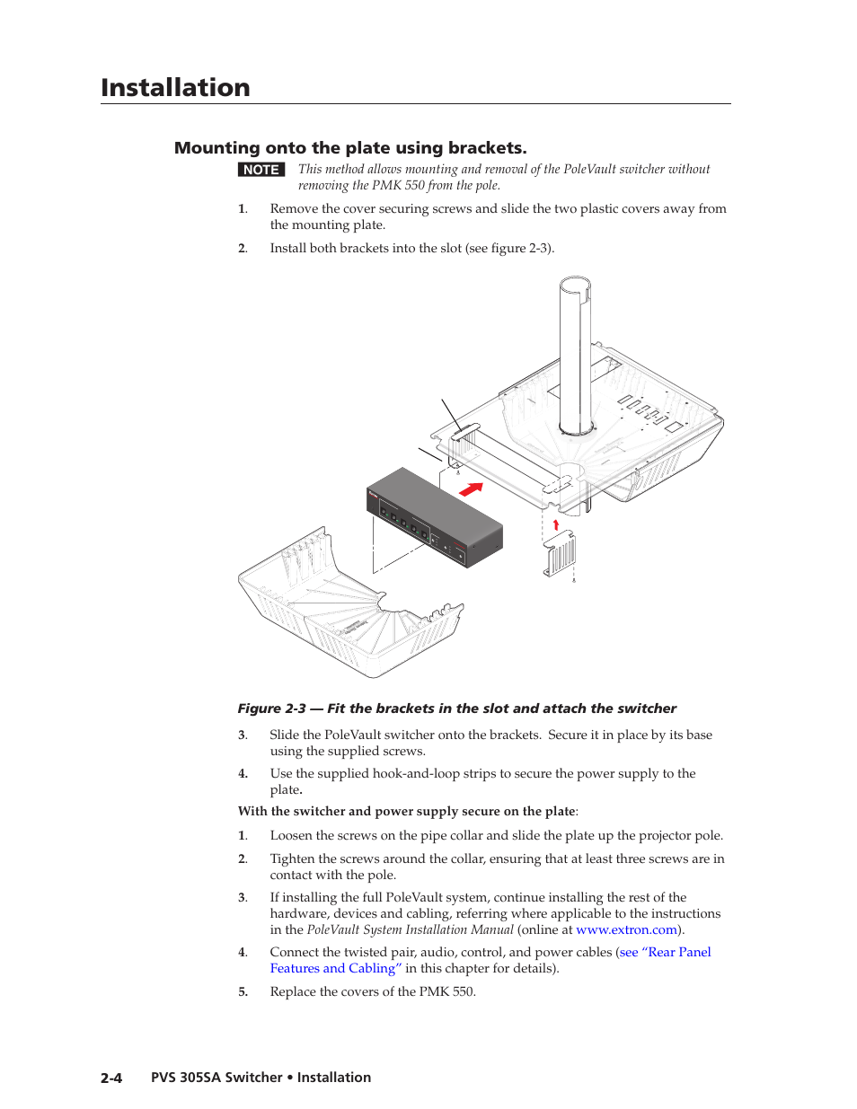 Mounting onto the plate using brackets, Mounting onto the plate using brackets -4, Preliminar y | Installation | Extron Electronics PVS 305SA User Guide User Manual | Page 13 / 56