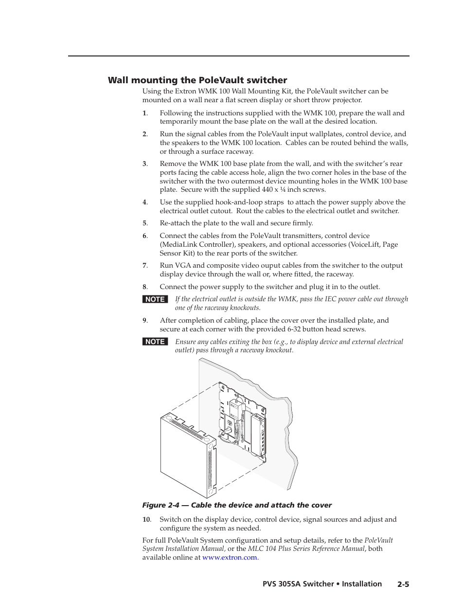 Wall mounting the polevault switcher, Wall mounting the polevault switcher -5, Preliminar y | Extron Electronics PVS 305SA User Guide User Manual | Page 14 / 56