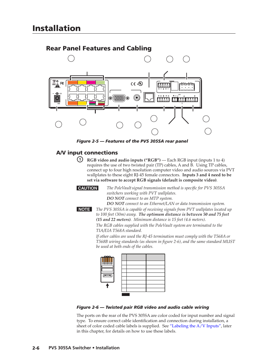 Rear panel features and cabling, A/v input connections, A/v input connections -6 | Preliminar y, Installation | Extron Electronics PVS 305SA User Guide User Manual | Page 15 / 56