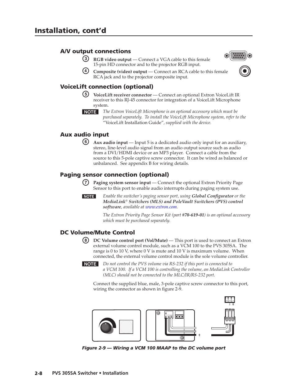 A/v output connections, Voicelift connection (optional), Aux audio input | Paging sensor connector (optional), Dc volume/mute control, Preliminar y, Installation, cont’d, Paging sensor connection (optional) | Extron Electronics PVS 305SA User Guide User Manual | Page 17 / 56