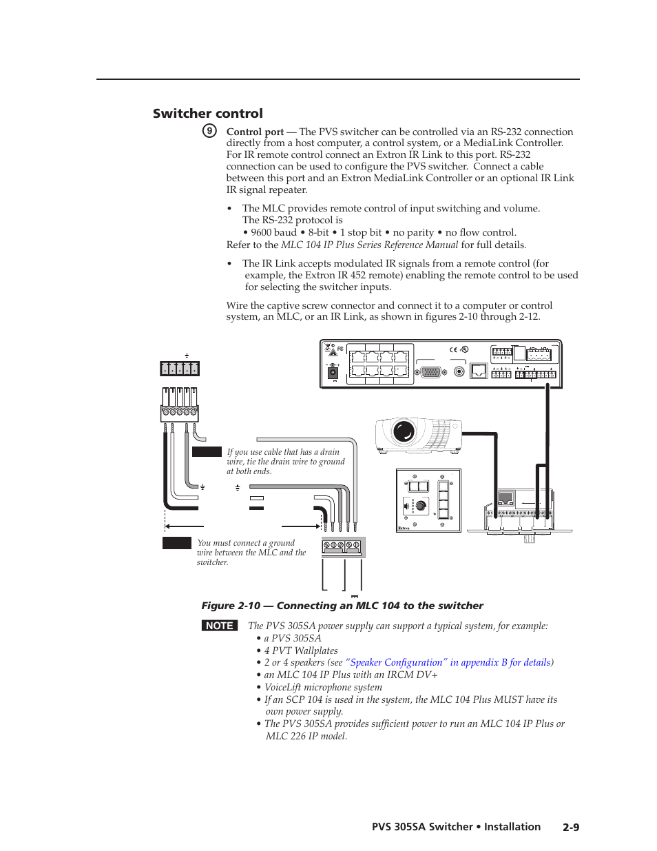 Switcher control, Switcher control -9, 9 pvs 305sa switcher • installation | Config, Pvs 305sa rear panel, Control | Extron Electronics PVS 305SA User Guide User Manual | Page 18 / 56