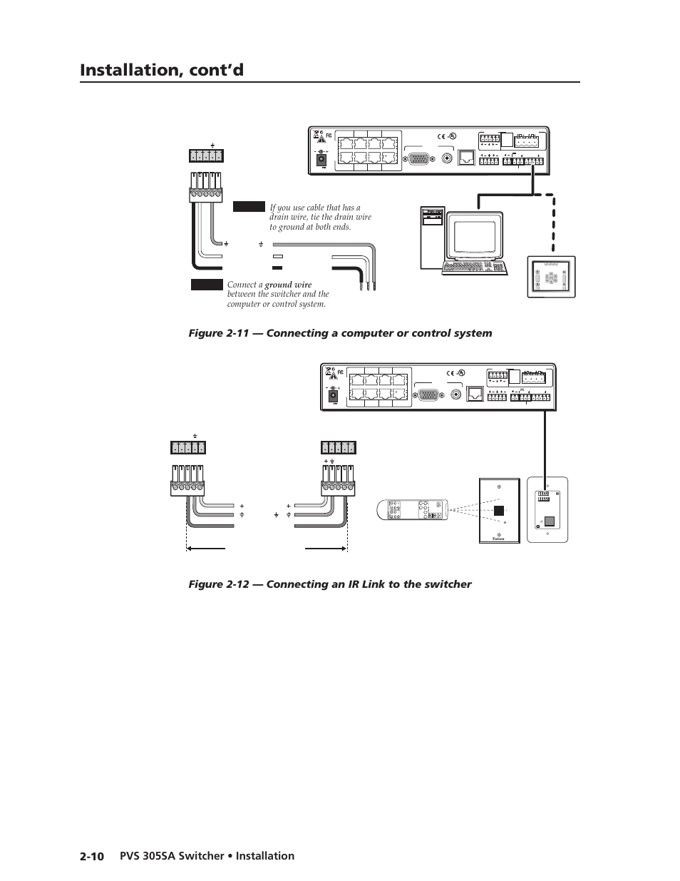 Preliminar y, Installation, cont’d, Dv d | Pvs 305sa rear panel, Host computer control system or, Ir link front and rear panels ir 452, Rs-232 port of a computer or control system | Extron Electronics PVS 305SA User Guide User Manual | Page 19 / 56