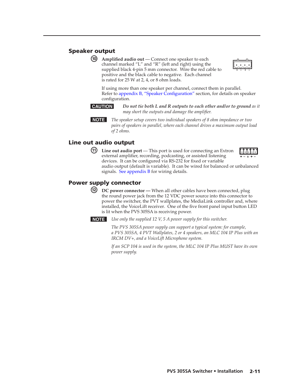 Speaker output, Line out audio output, Power supply connector | Extron Electronics PVS 305SA User Guide User Manual | Page 20 / 56