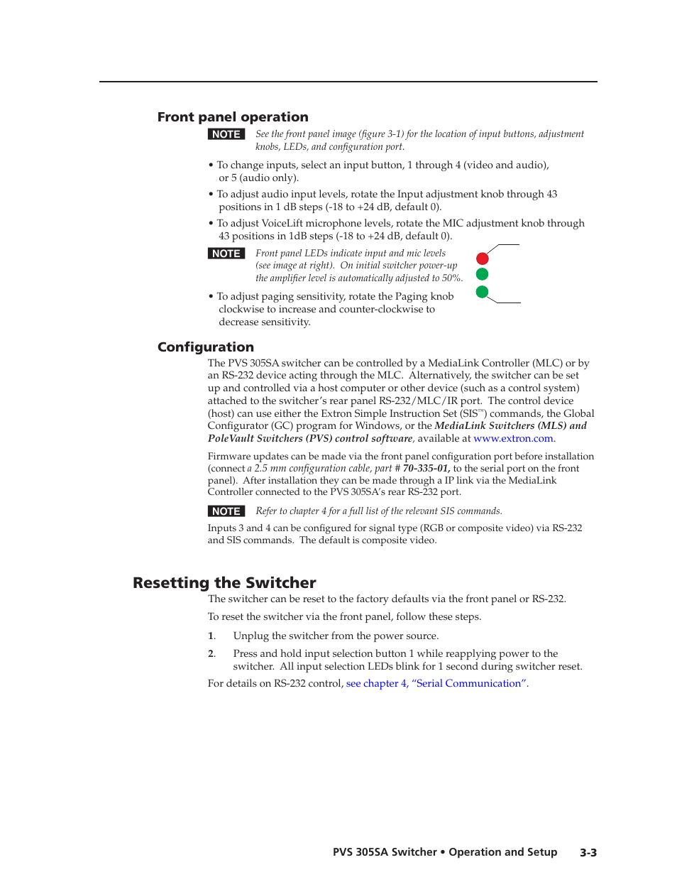 Front panel operation, Configuration, Resetting the switcher | Front panel operation -3 configuration -3, Preliminar y | Extron Electronics PVS 305SA User Guide User Manual | Page 25 / 56