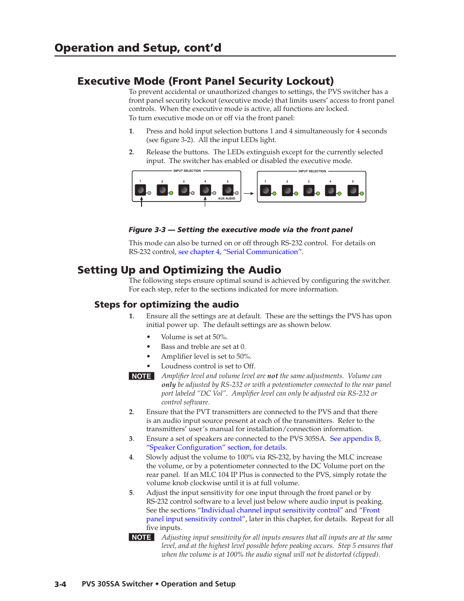 Executive mode (front panel security lockout), Setting up and optimizing the audio, Steps for optimizing the audio | Steps for optimizing the audio -4, Preliminar y, Operation and setup, cont’d | Extron Electronics PVS 305SA User Guide User Manual | Page 26 / 56