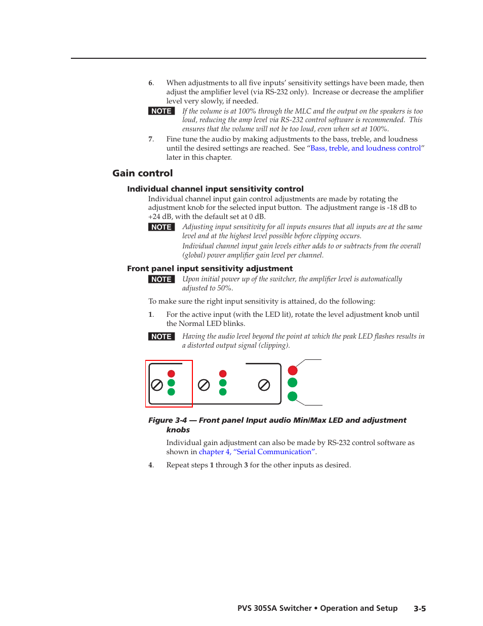 Gain control, Individual channel input sensitivity control, Front panel input sensitivity adjustment | Gain control -5, See the sections, Front, Panel input sensitivity control, Preliminar y | Extron Electronics PVS 305SA User Guide User Manual | Page 27 / 56