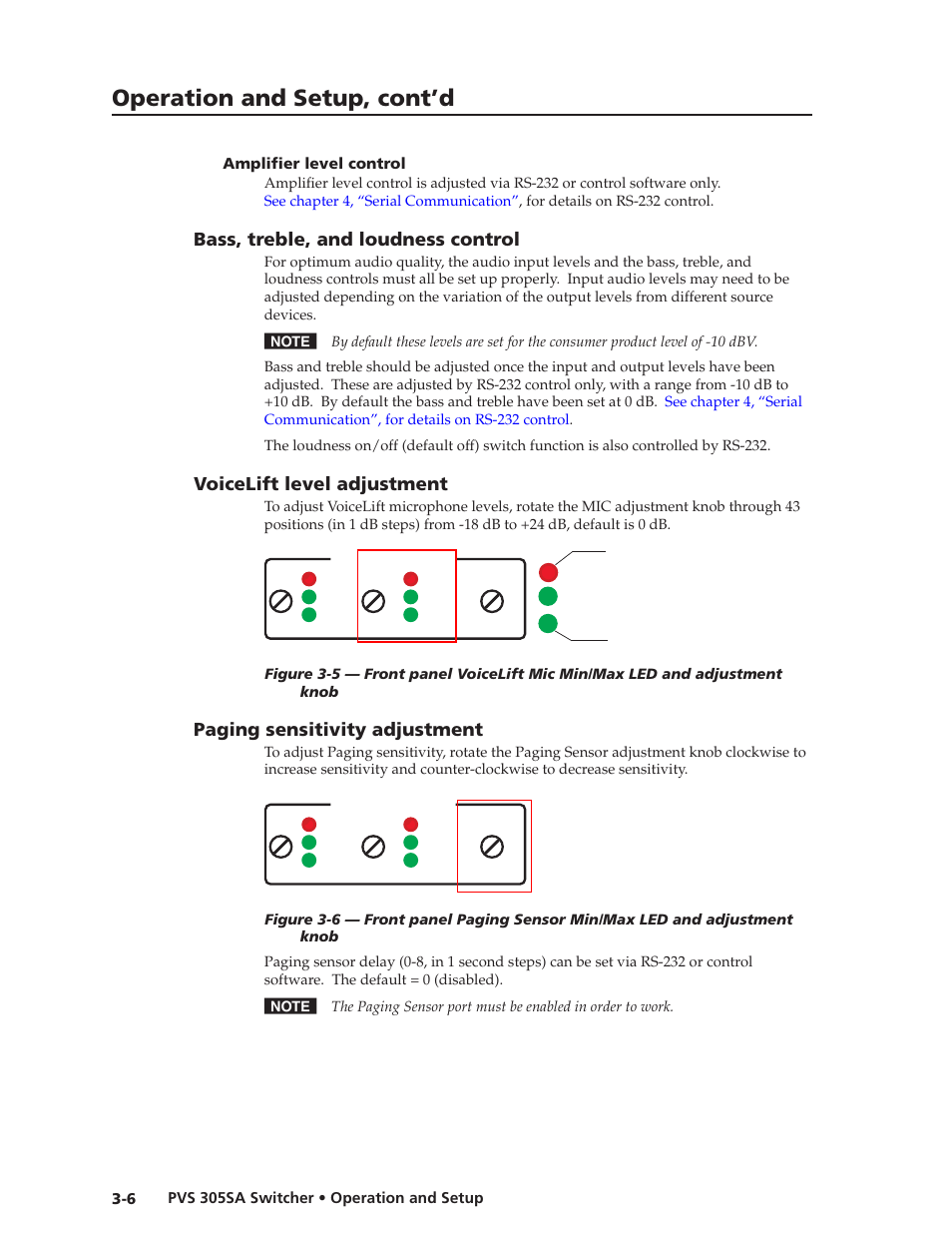 Amplifier level control, Bass, treble, and loudness control, Voicelift level adjustment | Paging sensitivity adjustment, Amplifier level control -6, Level adjustment -6, Paging sensitivity adjustment -6, This input is not af, Eached. see, Later in this chapter | Extron Electronics PVS 305SA User Guide User Manual | Page 28 / 56