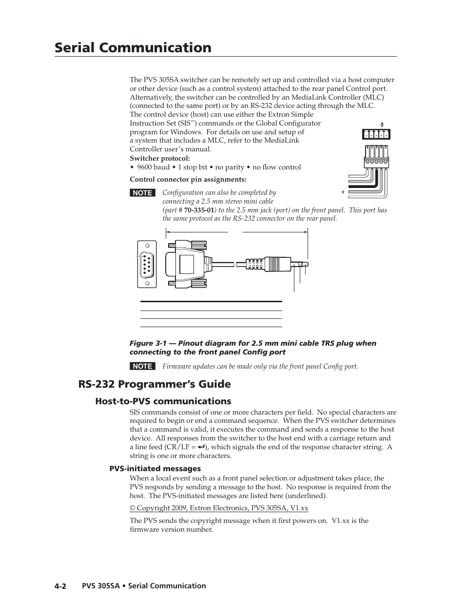 Rs-232 programmer’s guide, Host-to-pvs communications, Pvs-initiated messages | Host-to-pvs communications -2, Pvs-initiated messages -2, See chapter 4, “serial communication, Shown in, Chapter 4, “serial communication, Preliminar y preliminar y, Serial communication | Extron Electronics PVS 305SA User Guide User Manual | Page 30 / 56