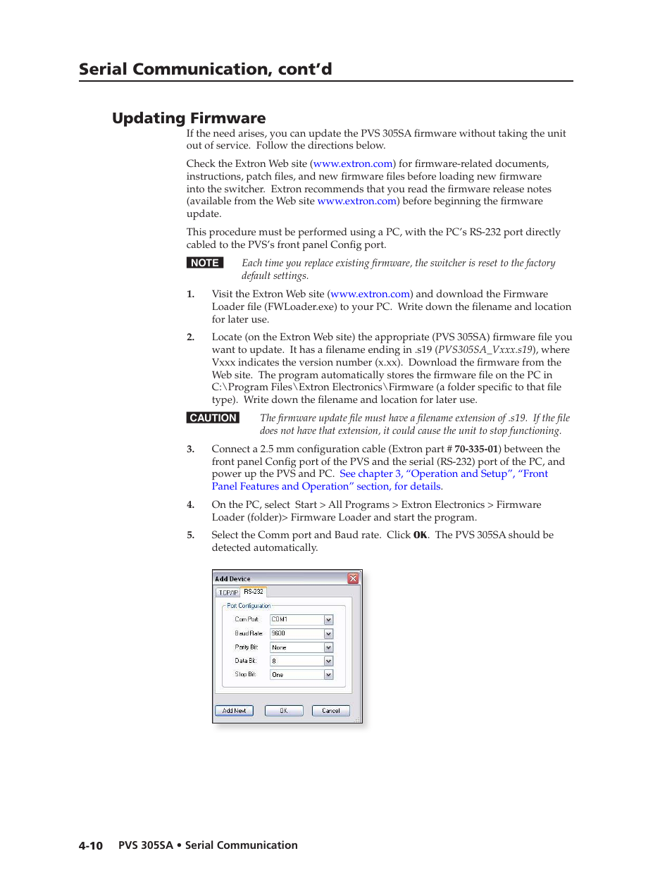 Updating firmware, Preliminar y preliminar y, Serial communication, cont’d | Extron Electronics PVS 305SA User Guide User Manual | Page 38 / 56